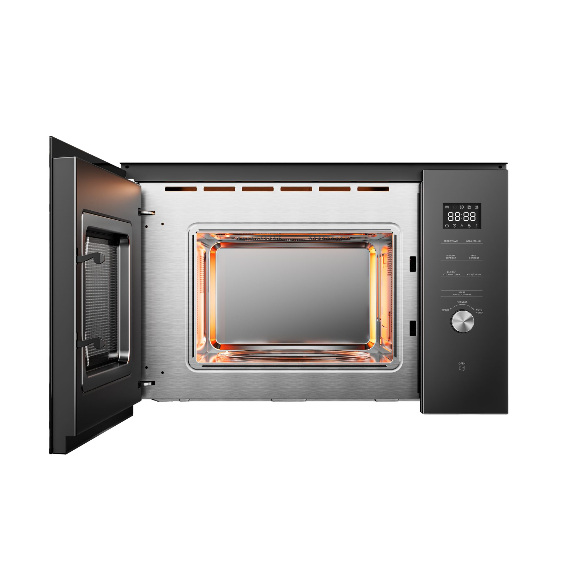 Horno microondas con la puerta abierta, revelando un interior con luz.
