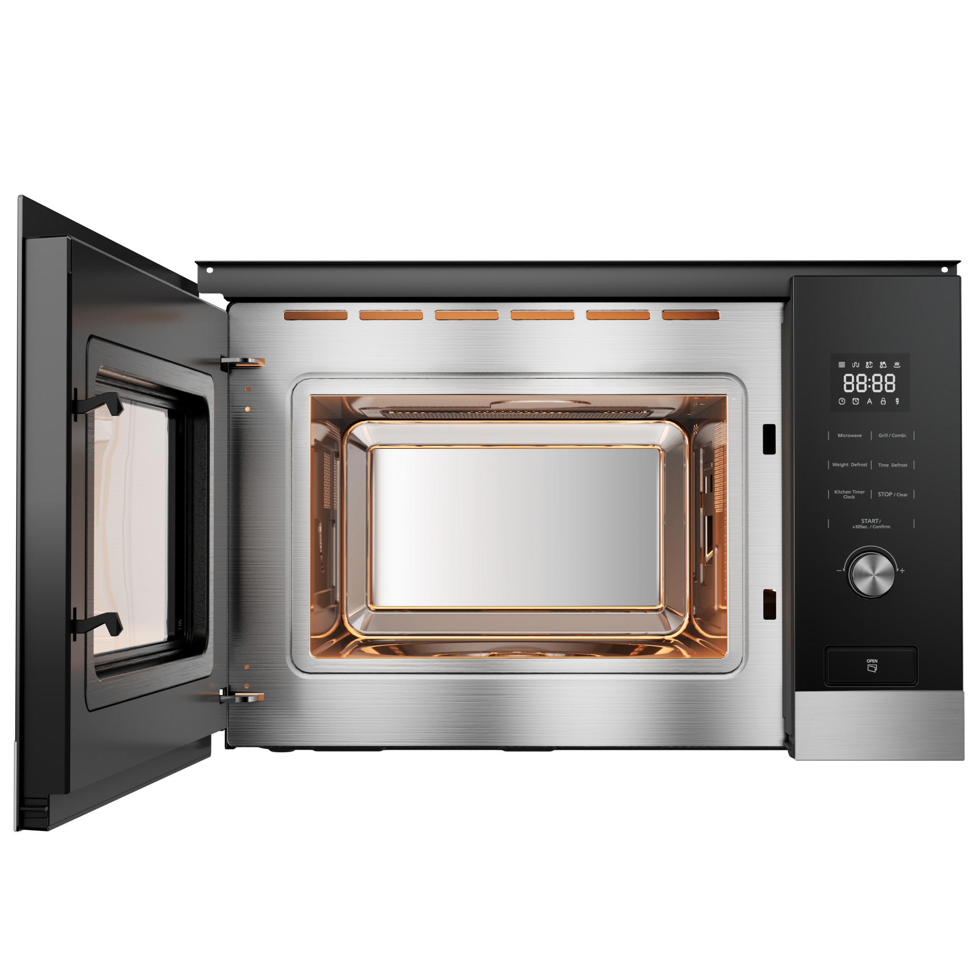 Microondas abierto con interior de acero inoxidable, iluminado con un brillo suave y cálido.
