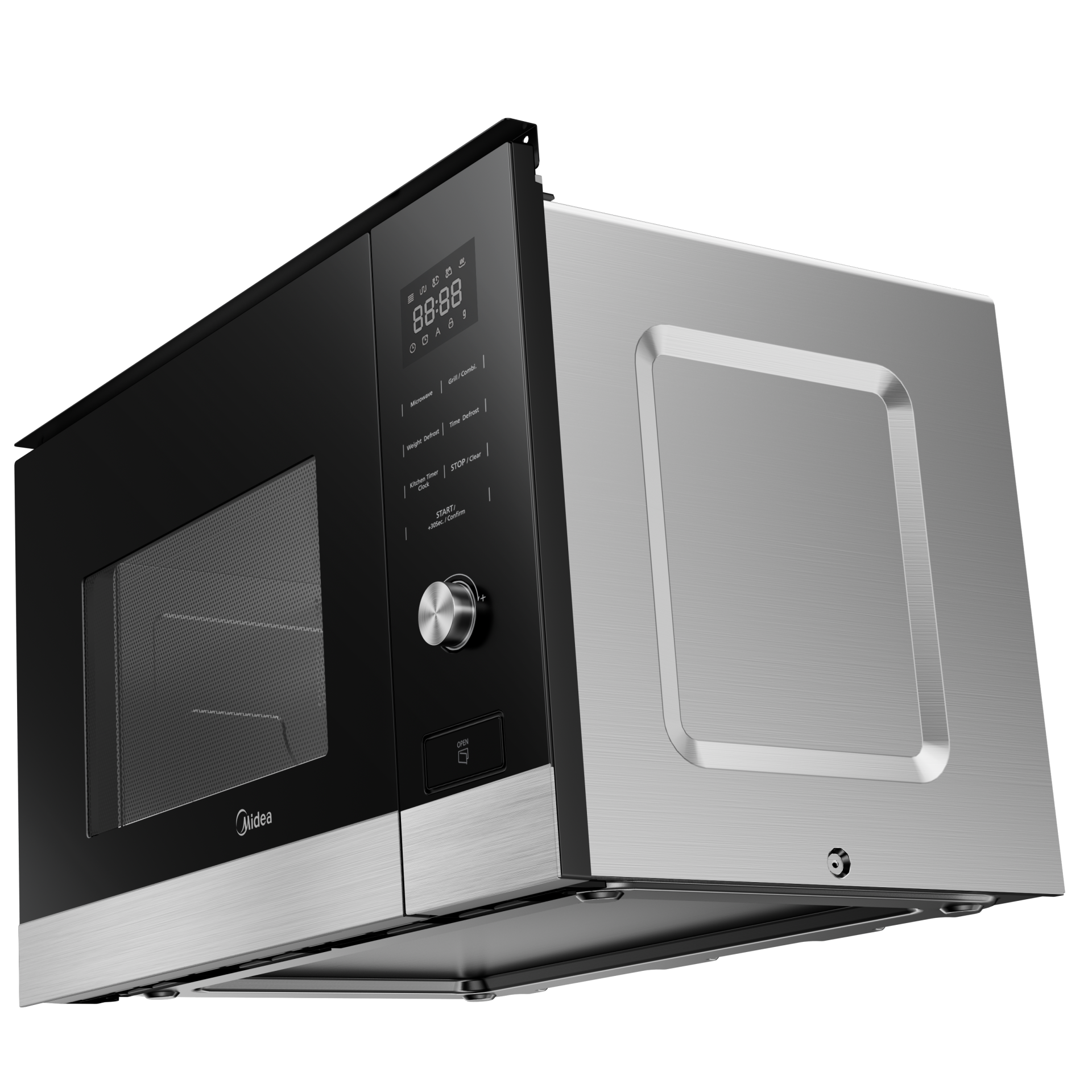 Horno microondas negro y plateado con puerta abierta.