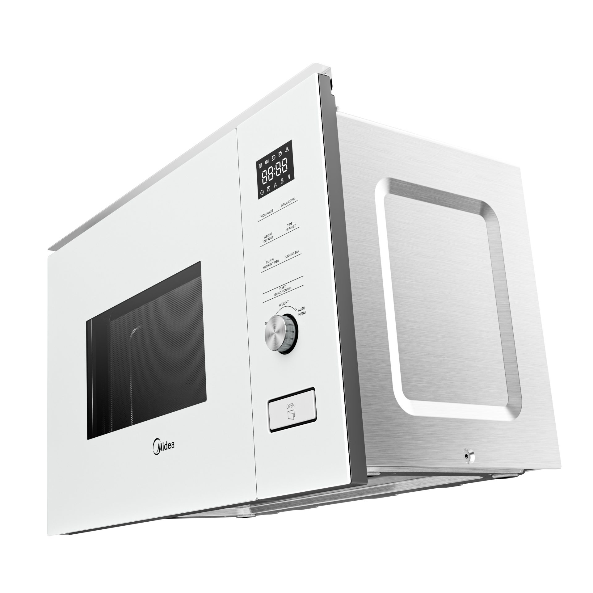 Microondas blanco con la puerta abierta. Pantalla digital y panel de control visibles.