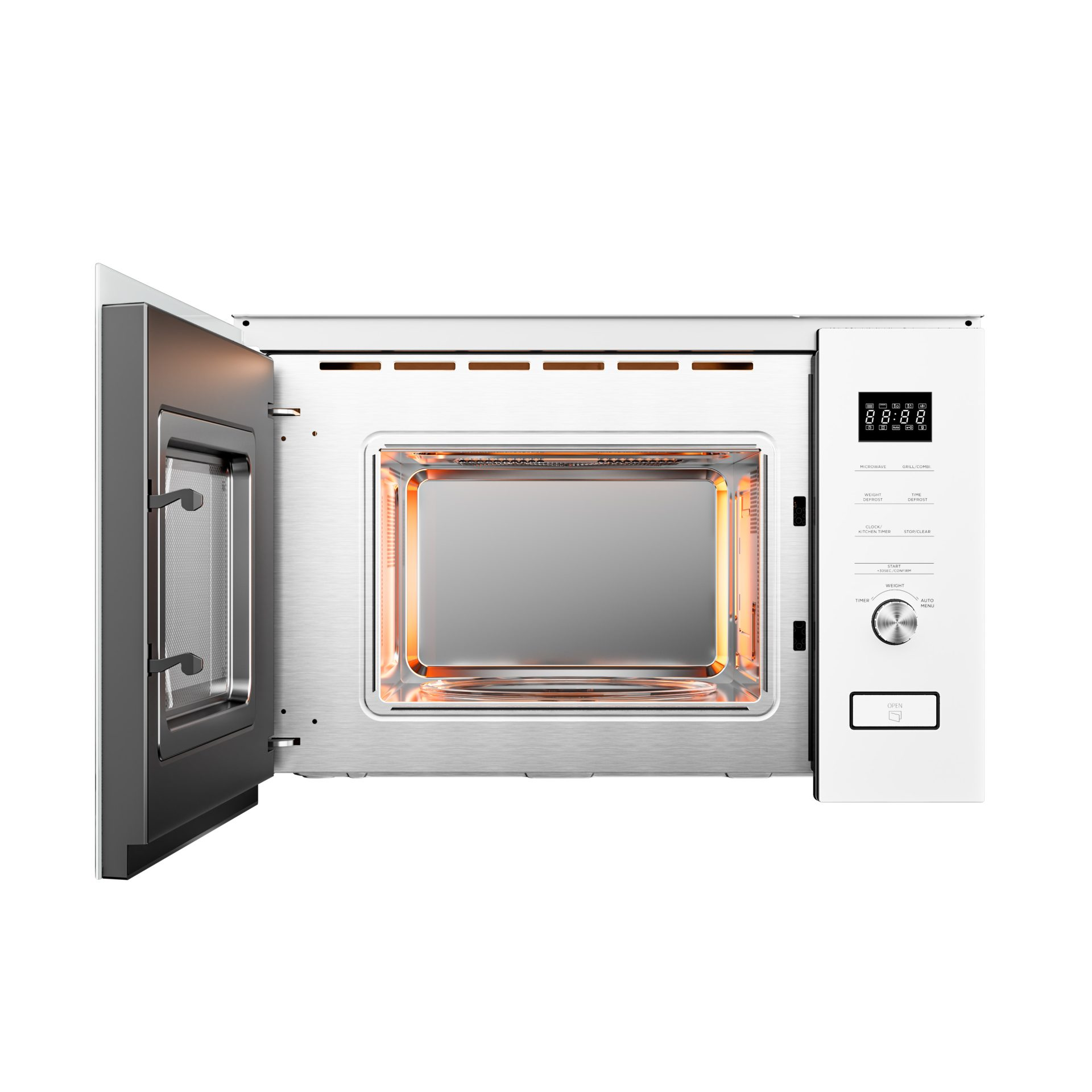 Horno de microondas con la puerta abierta, mostrando el interior y el panel de control.