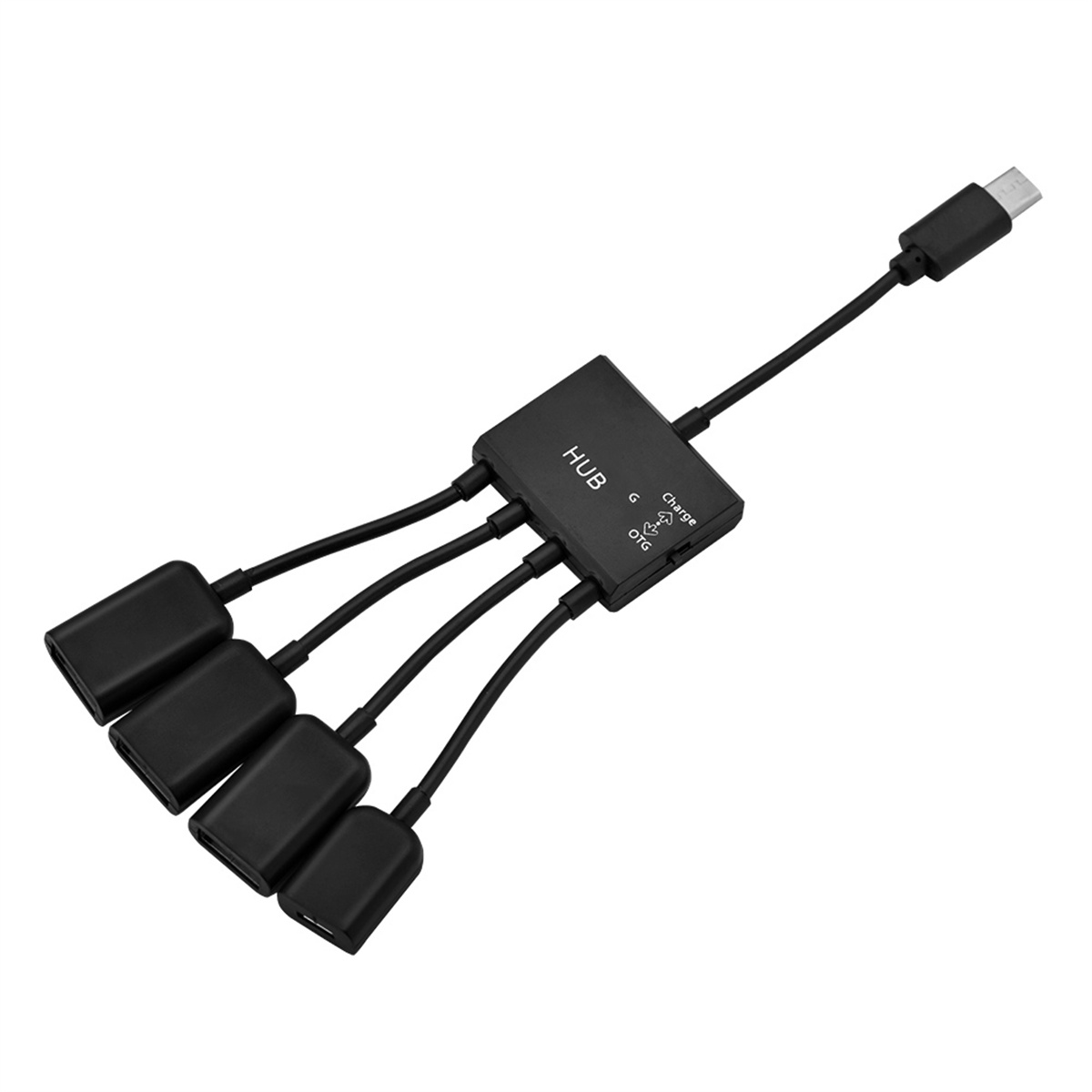 Ein schwarzer USB-Hub mit vier USB-Anschlüssen und einem Ladeanschluss, alles auf weißer Oberfläche.