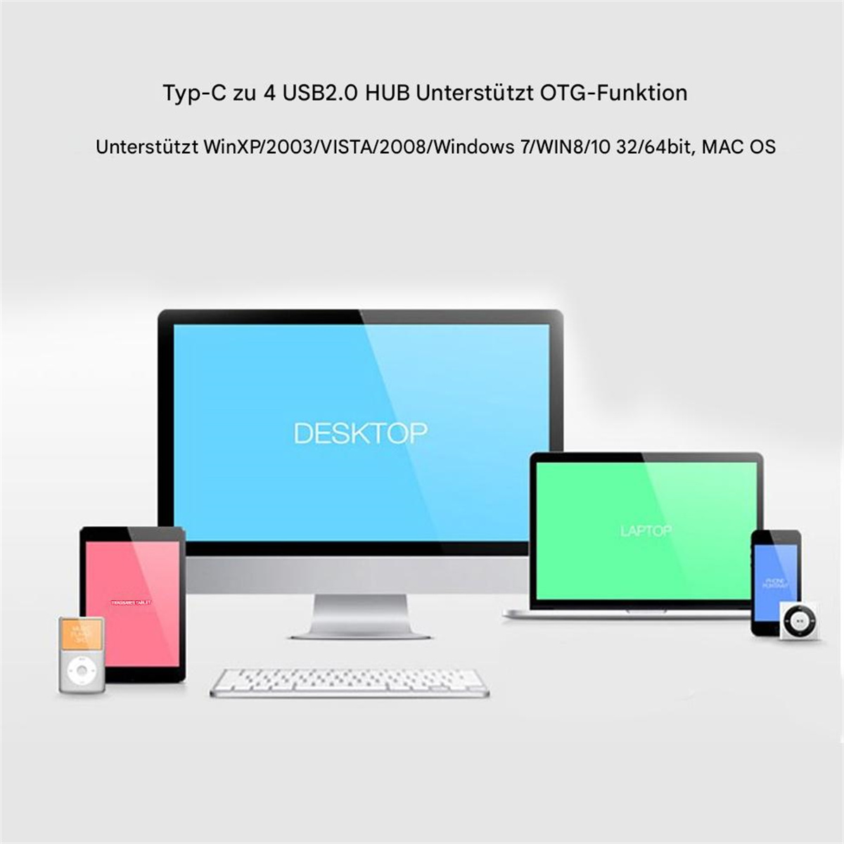Mehrere Geräte, die mit einem Hub verbunden sind. Desktop, Laptop, Tablet, Telefon und MP3-Player.