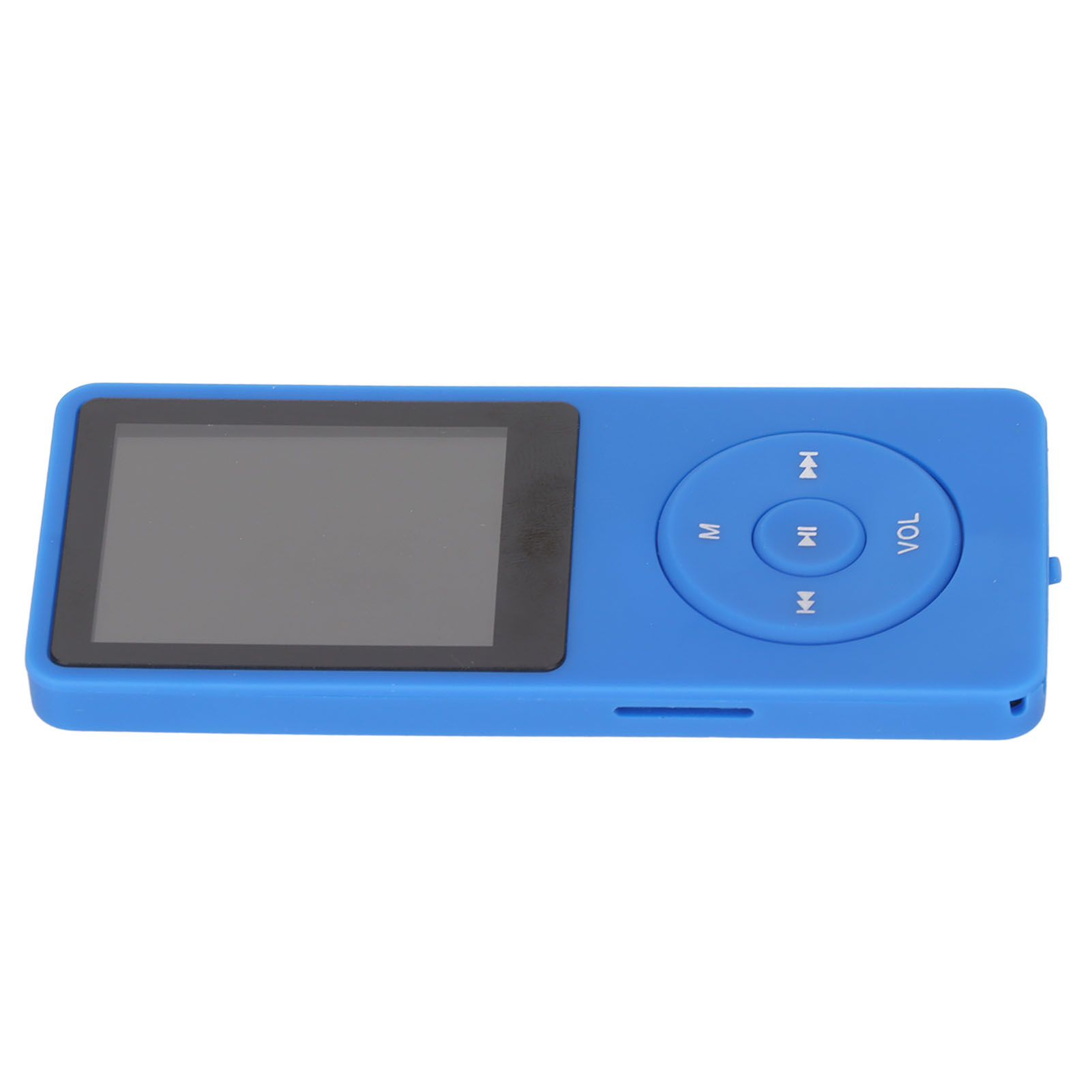 Blauer MP3-Player mit schwarzem Bildschirm und Knöpfen, weißer Hintergrund.