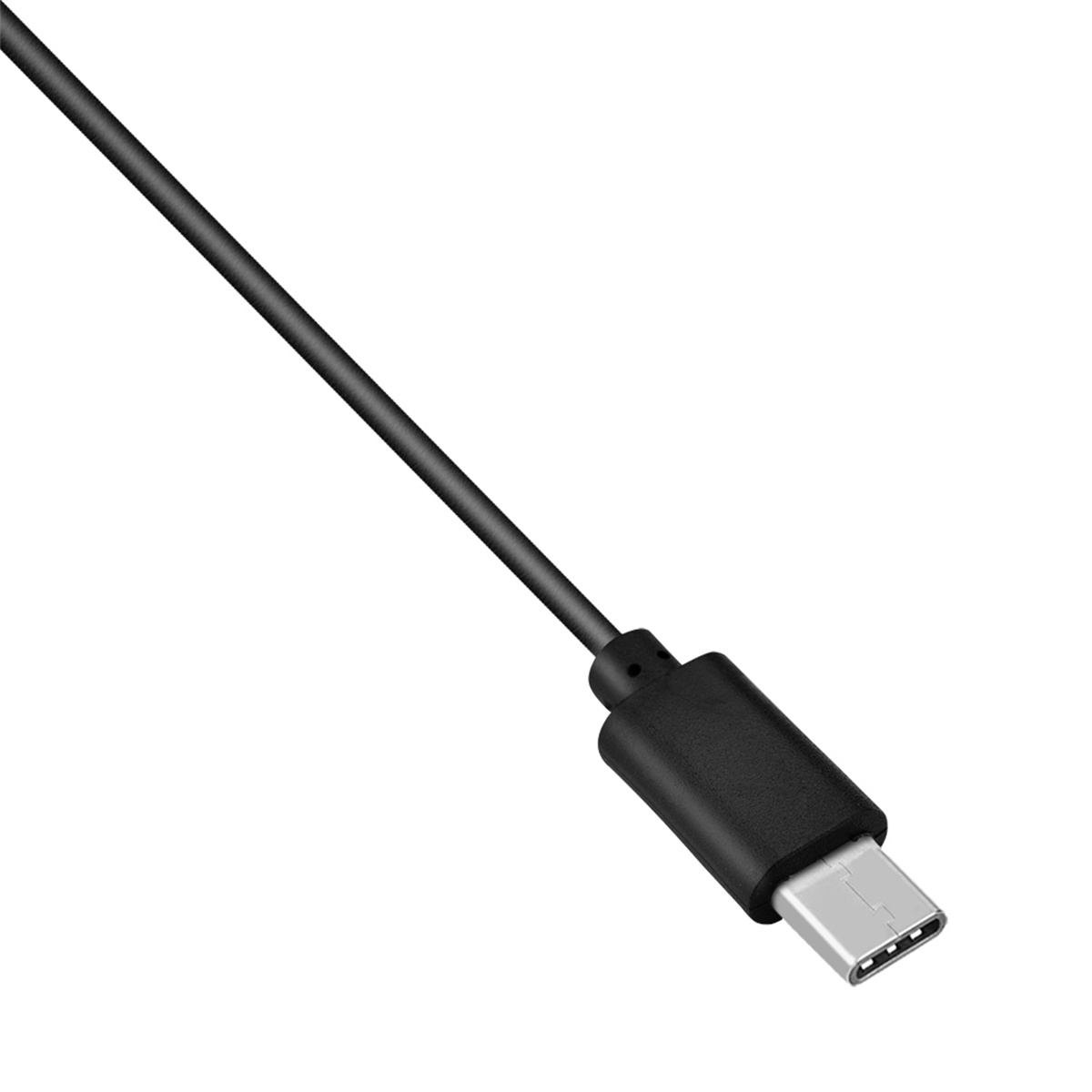 Schwarzes USB-C-Kabel mit schwarzem Stecker. Das Kabel befindet sich vor weißem Hintergrund.