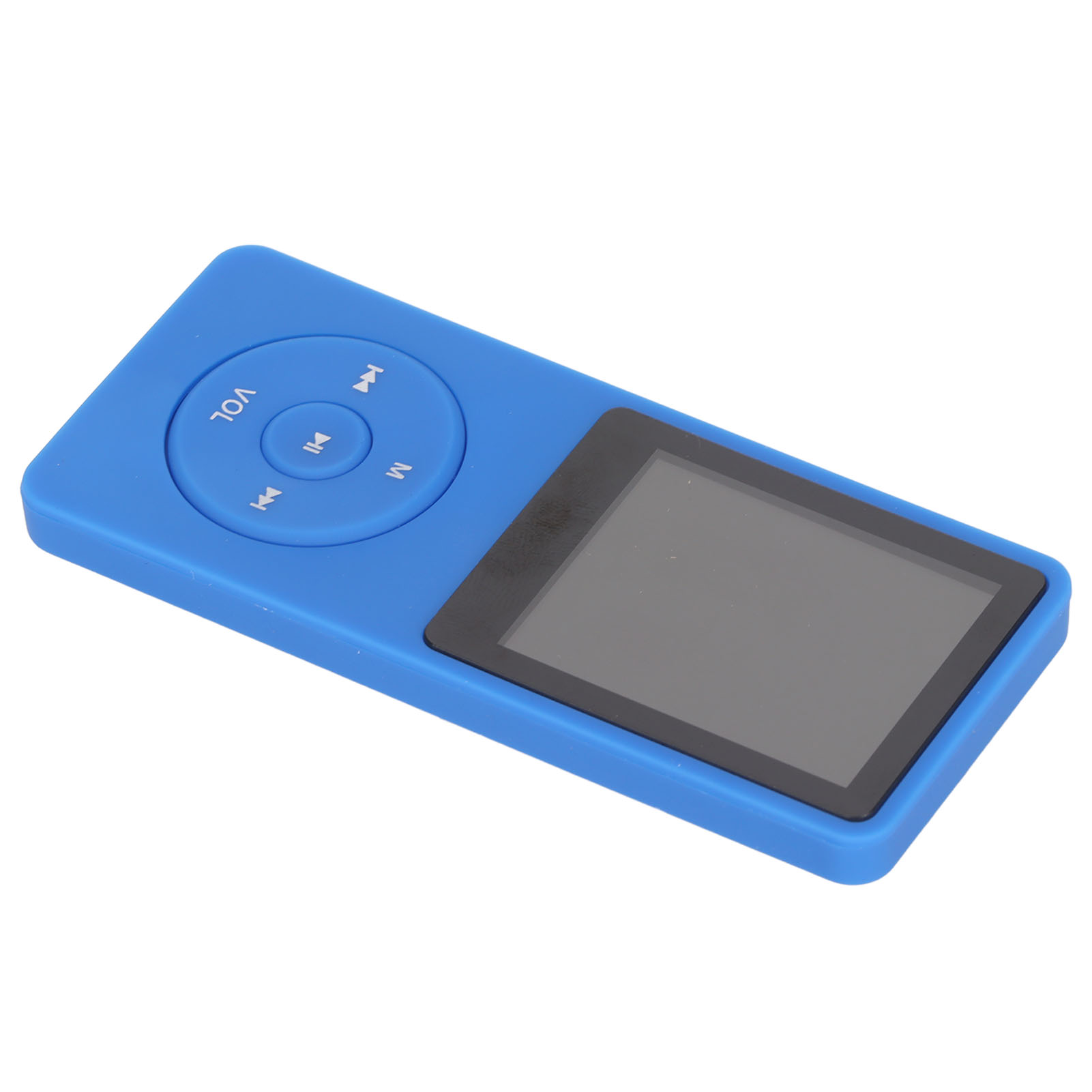 Ein blauer MP3-Player mit kleinem Bildschirm und Bedientasten. Er ist nach rechts angewinkelt.