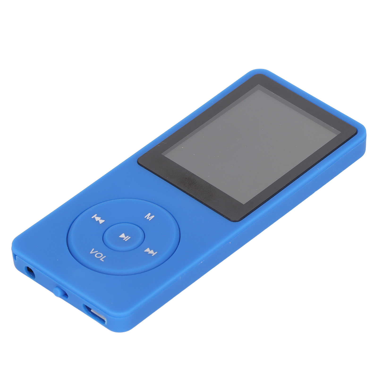 Ein blauer MP3-Player mit Bildschirm und Steuertasten, isoliert auf weißem Hintergrund.