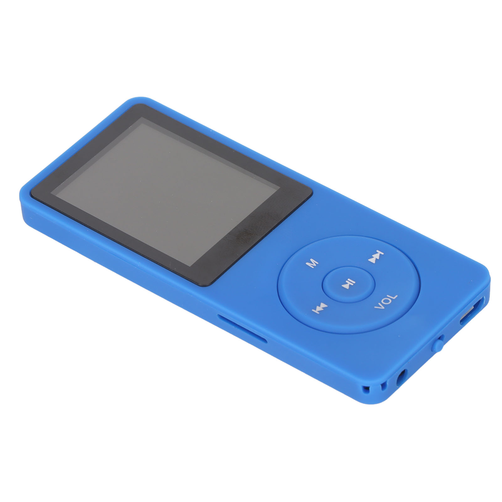 Ein blauer MP3-Player mit Bildschirm, Tasten und Kopfhöreranschluss.
