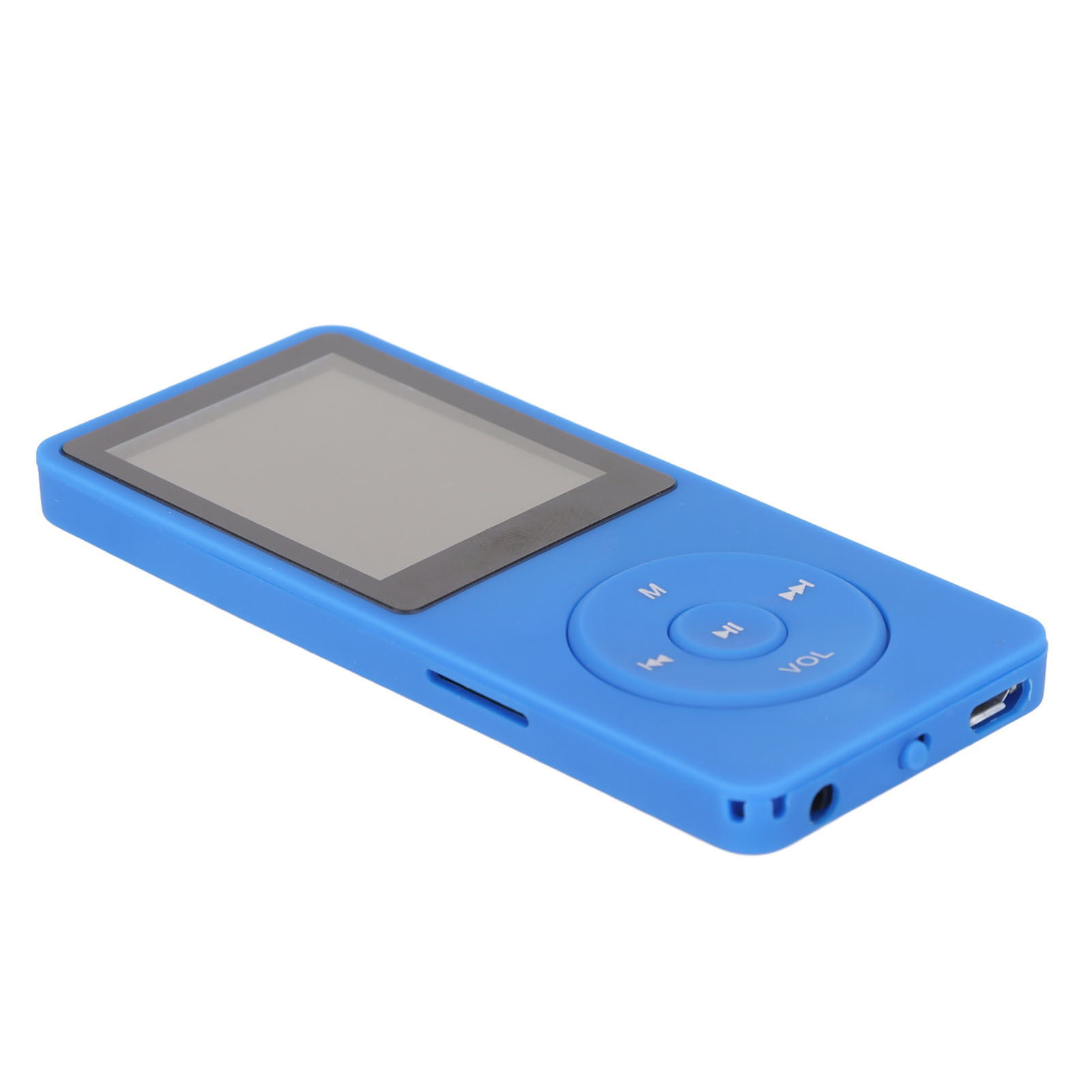 Ein blauer MP3-Player mit Bildschirm und Knöpfen.