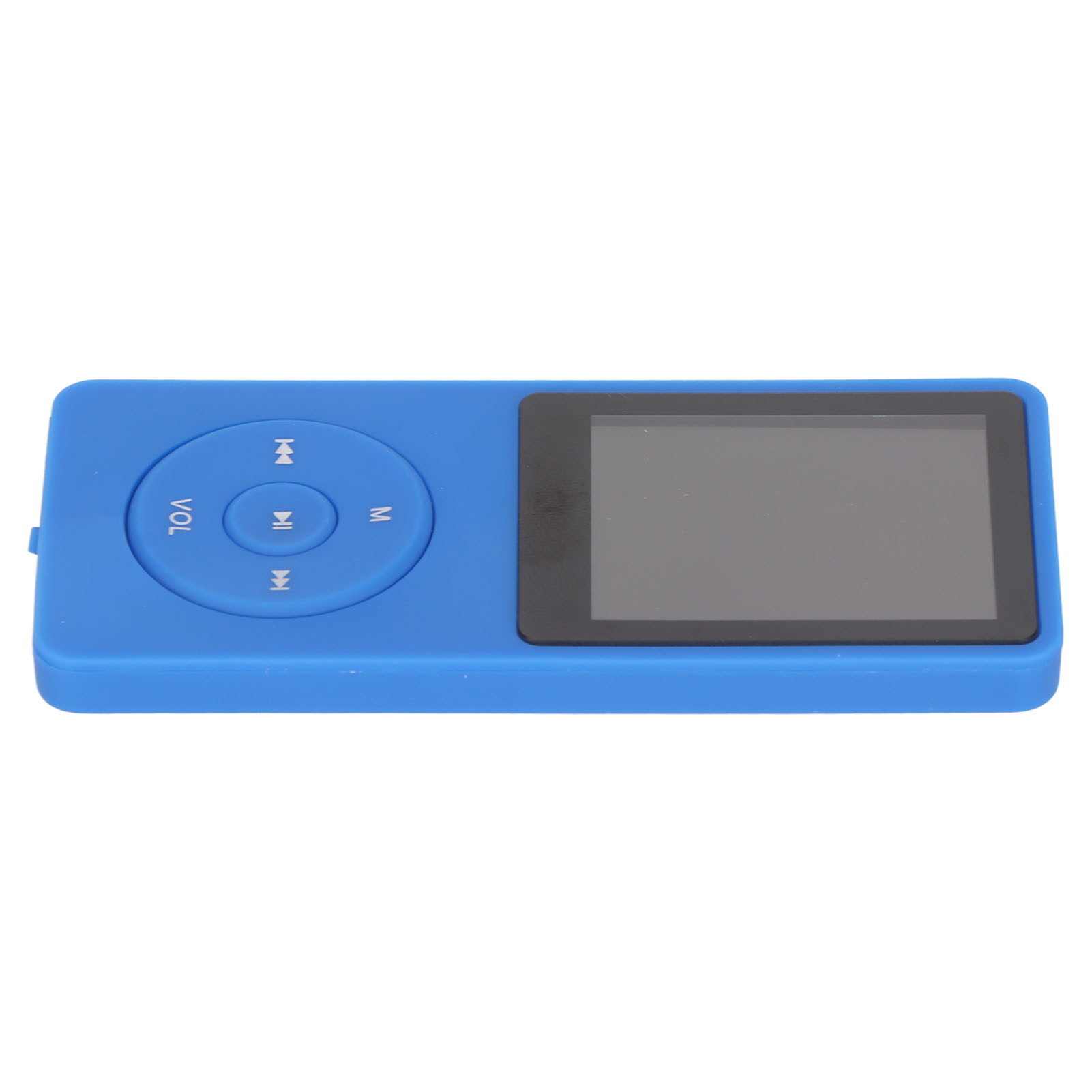 Blauer MP3-Player mit Knöpfen und kleinem Bildschirm auf weißer Oberfläche.