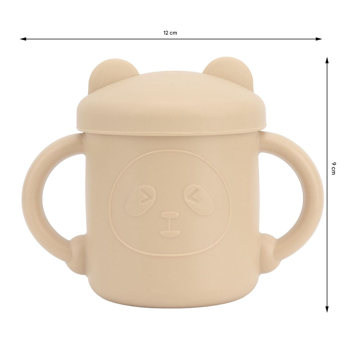 Becher für Babys in Pandaform mit Henkeln und Deckel. Abmessungen angegeben.