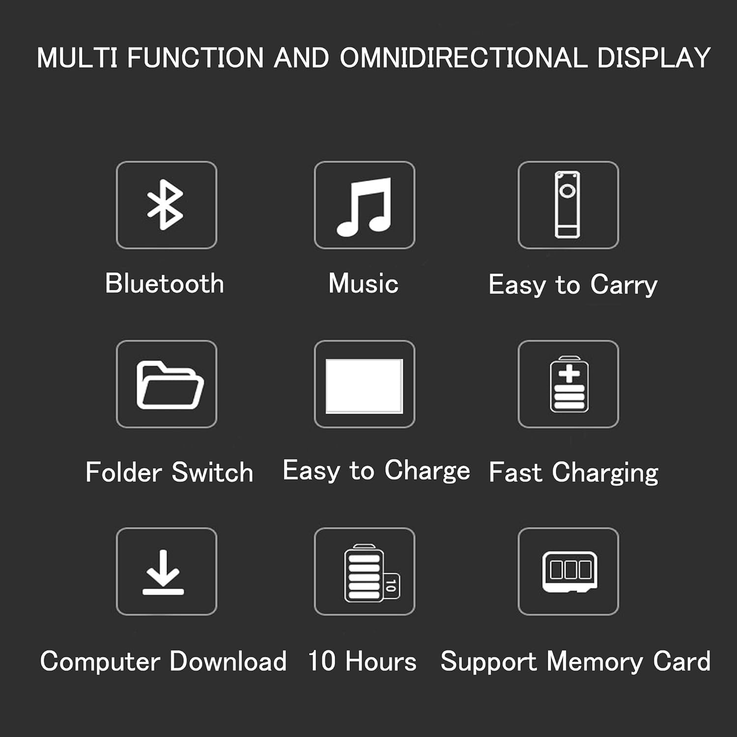 Ein dunkler Hintergrund mit Symbolen für Bluetooth, Musik, einfach zu transportieren, Ordnerwechsel, einfaches Aufladen, schnelles Laden usw.