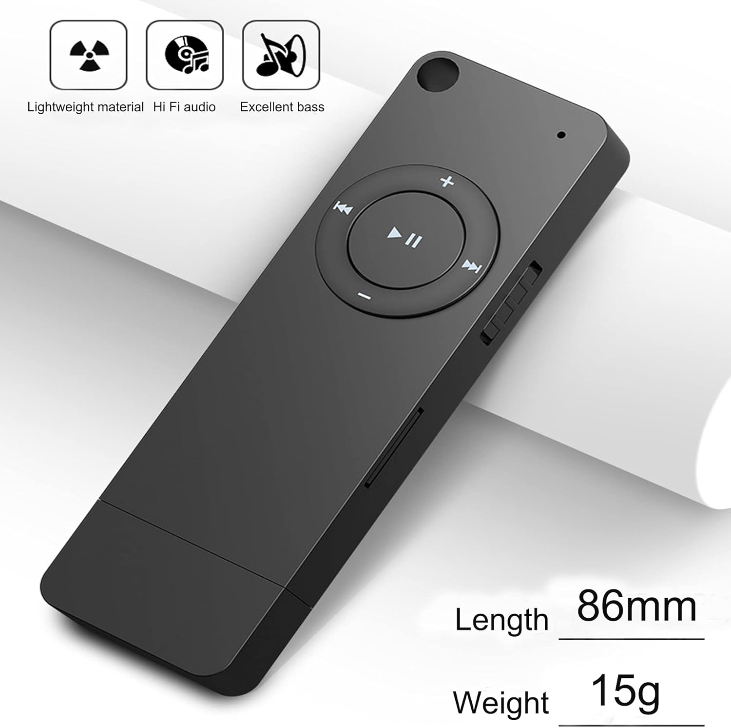 Eine schwarze Fernbedienung mit Tasten für die Medienwiedergabe, 86 mm lang und 15 g.