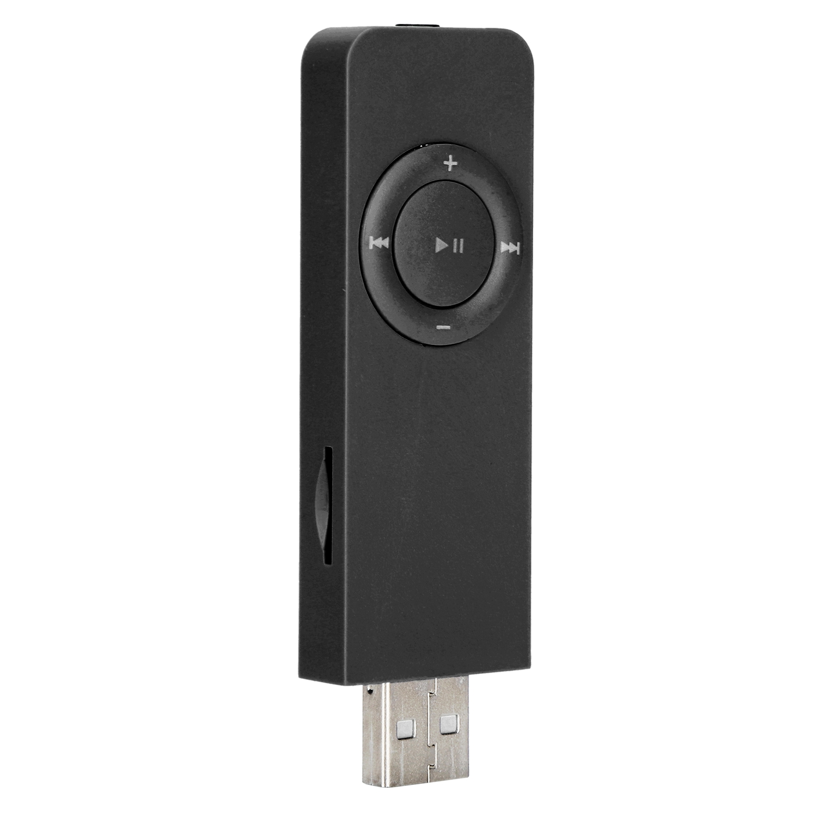 Schwarzer MP3-Player mit Tasten. Die Tasten sind ein zentraler Kreis und zwei Seitentasten.