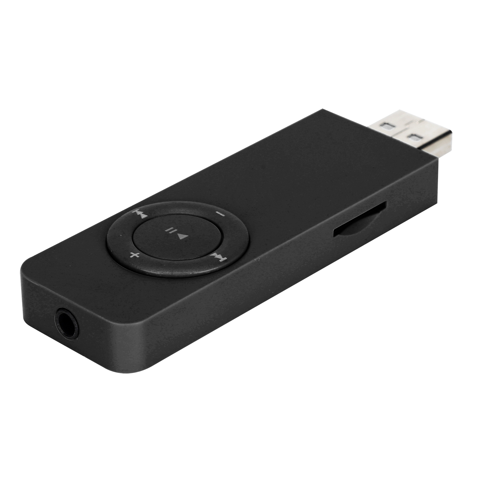 Schwarzer MP3-Player mit Bedienelementen, Kopfhöreranschluss und USB-Anschluss.