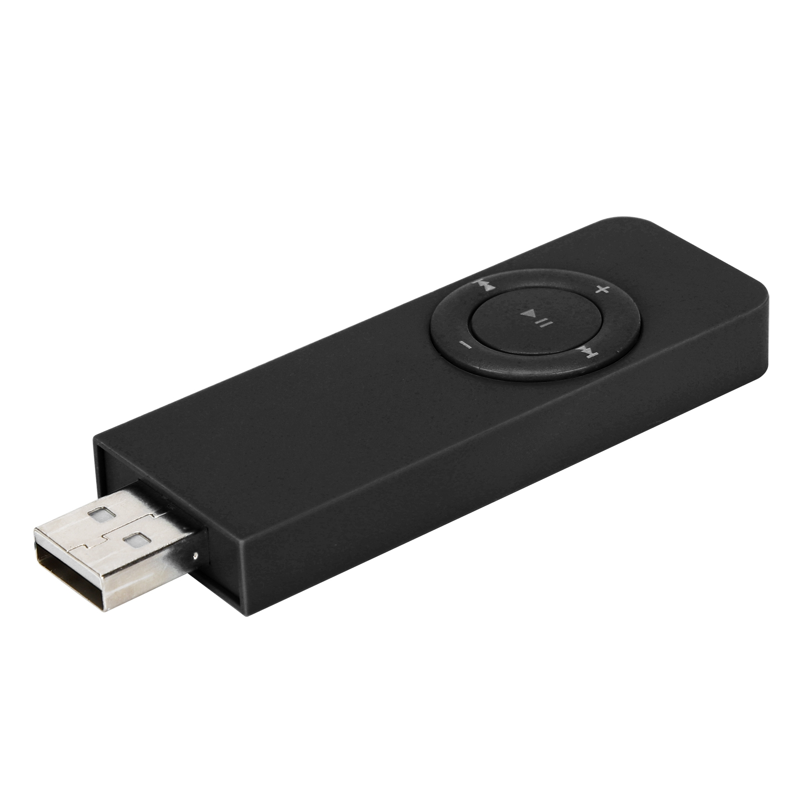 Ein schwarzes, rechteckiges USB-Gerät mit rundem Steuerungsknopf, zur Musikwiedergabe.