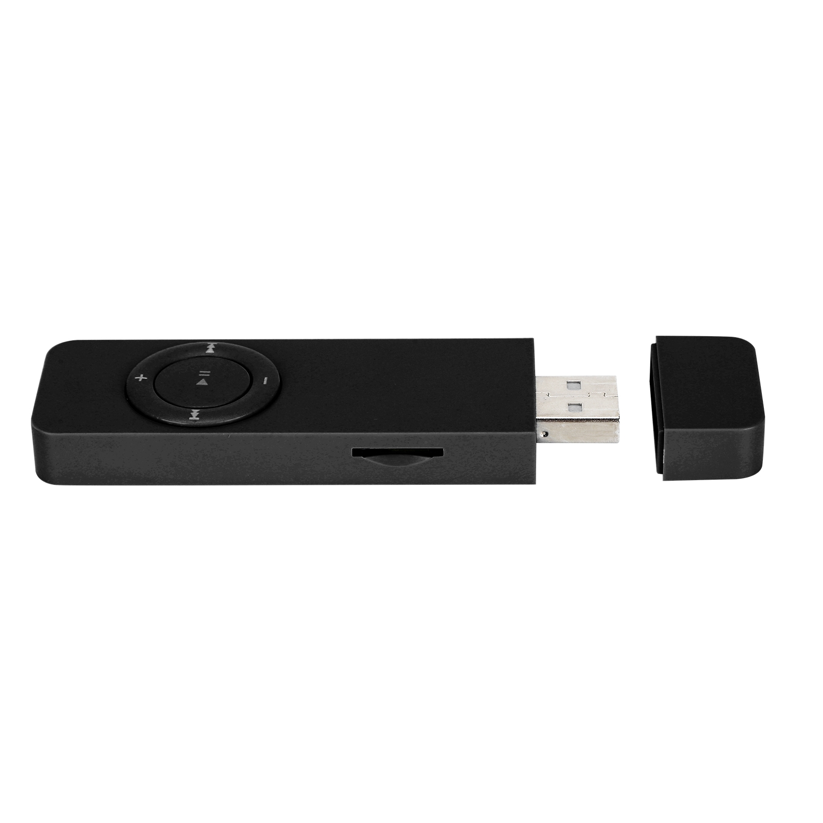 Schwarzer USB-Stick mit kleinem Bildschirm und Bedienelementen, mit abgenommenem Deckel.