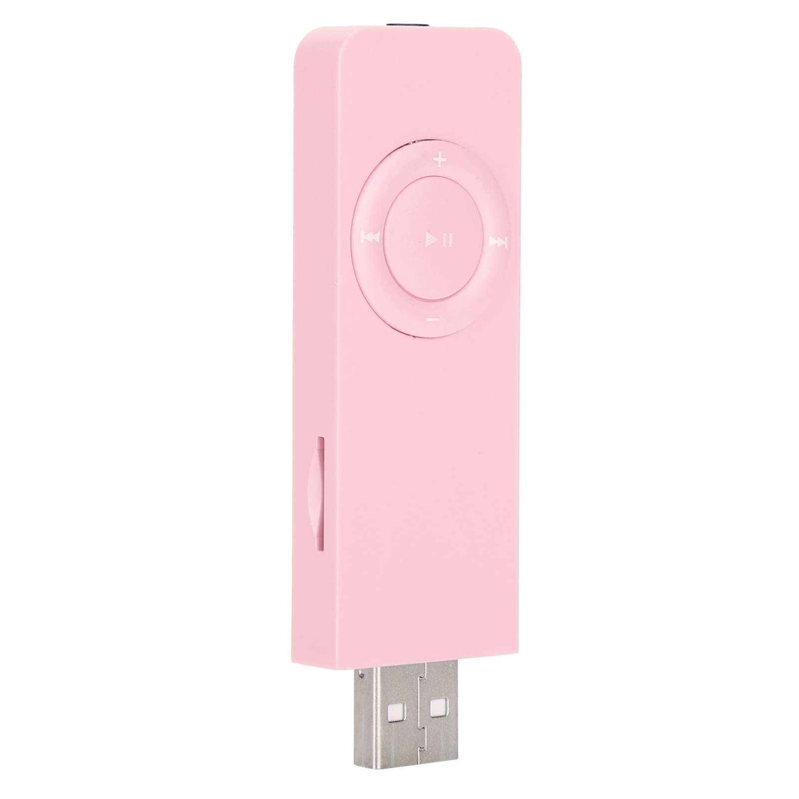 Ein hellrosa MP3-Player mit USB-Anschluss. Er hat ein kreisförmiges Bedienfeld und Tasten.
