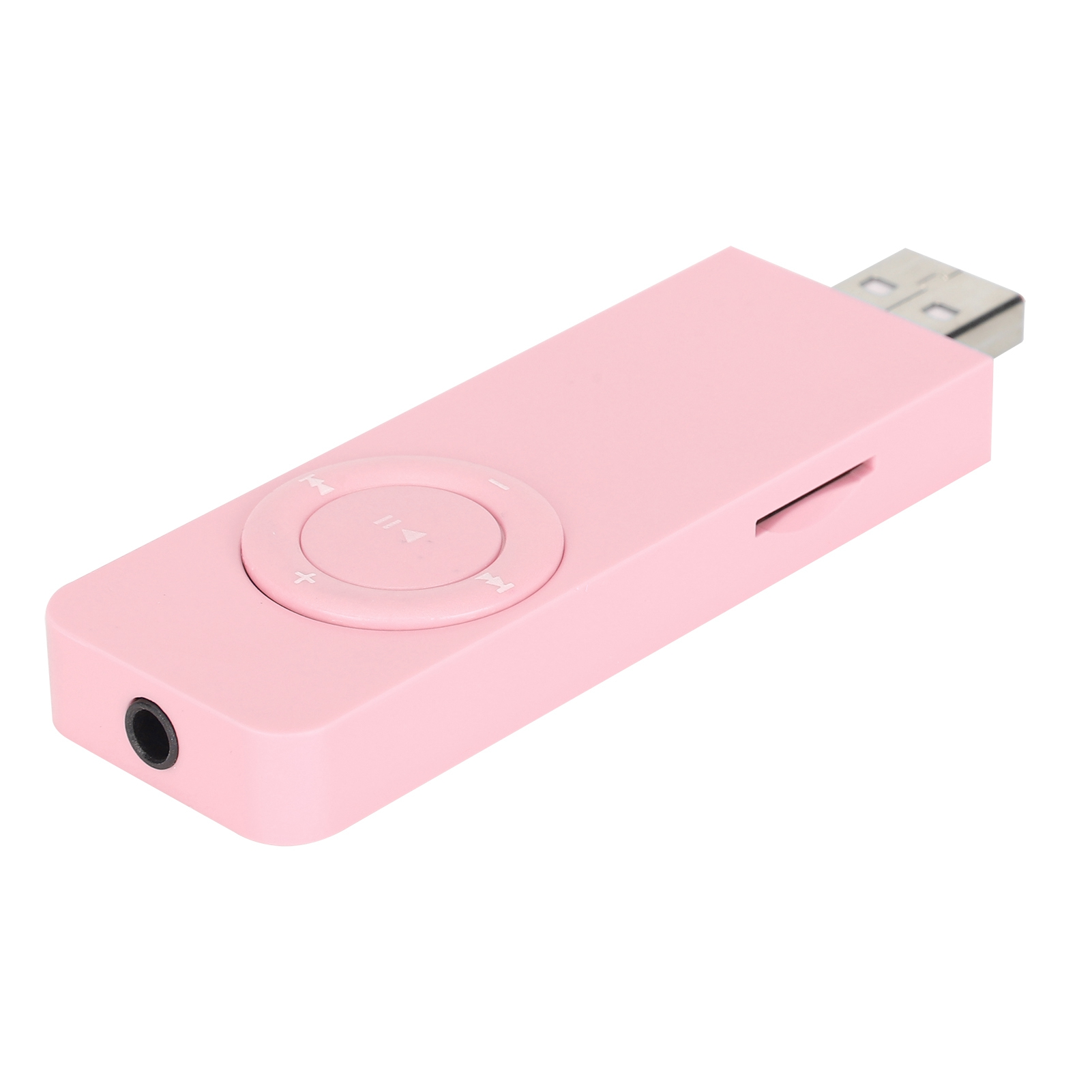 Ein kleiner rosa MP3-Player mit kreisförmiger Steuerung und USB-Anschluss.