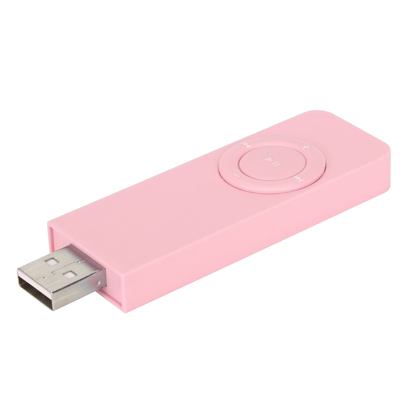 Ein pinkfarbener USB-MP3-Player mit einem kreisförmigen Steuerkreuz. Er hat einen USB-Anschluss an einem Ende.