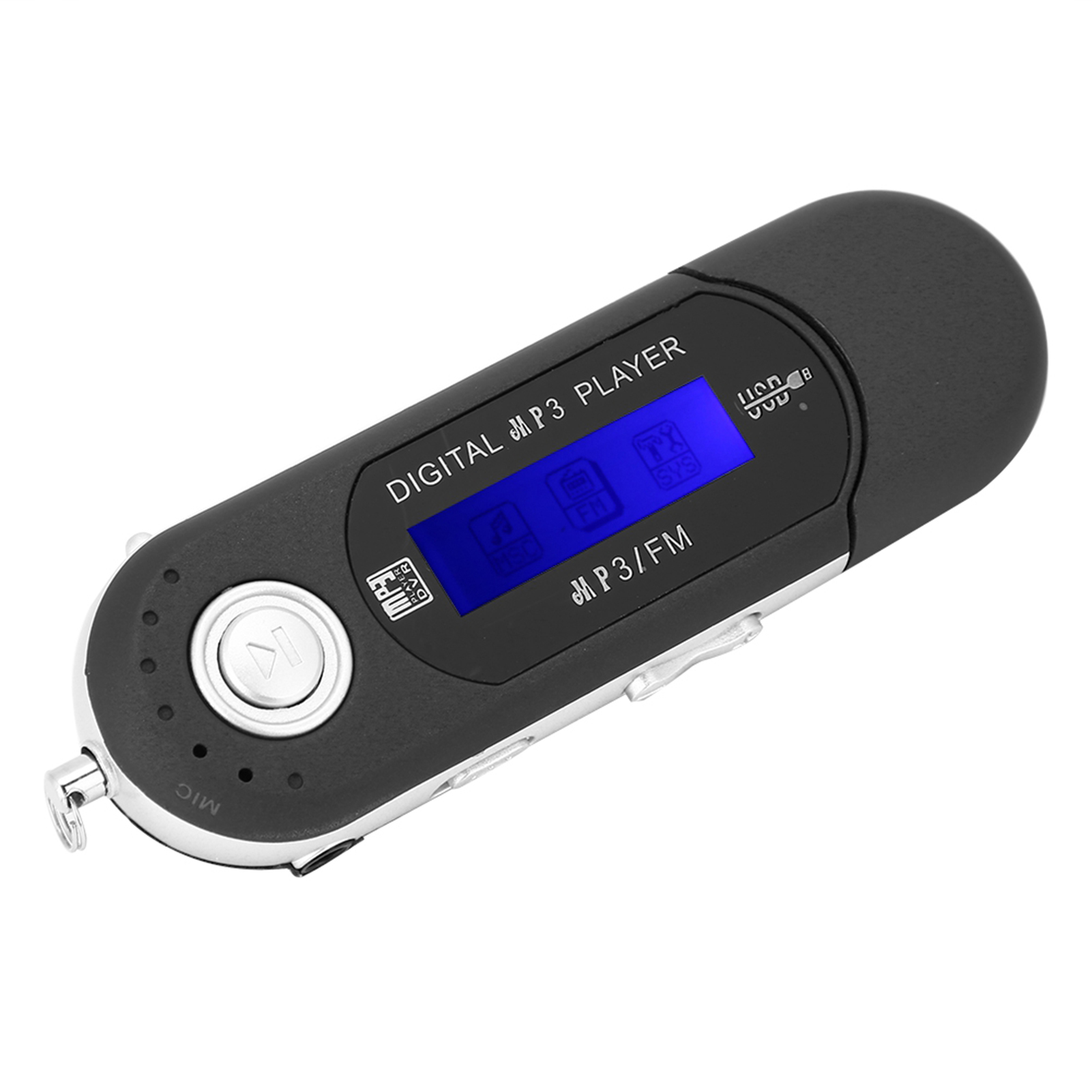 Schwarzer digitaler MP3-Player mit kleinem Bildschirm, Tasten und Mikrofon. Der Hintergrund ist weiß.