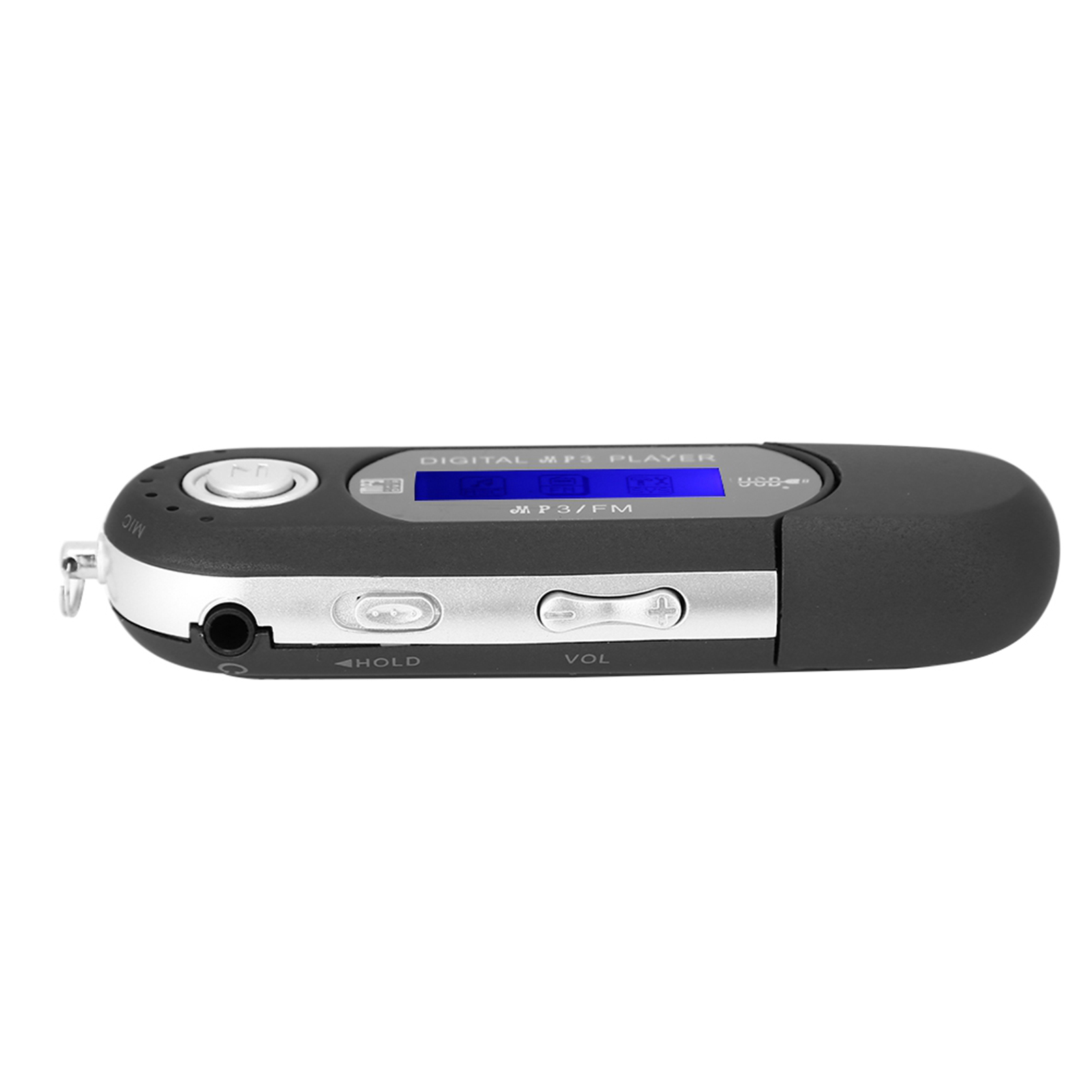 Schwarzer und silberner MP3-Player mit Knöpfen und einem Bildschirm auf weißem Hintergrund.