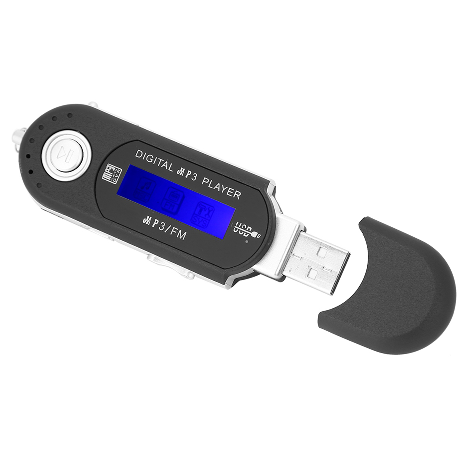 Schwarzer MP3-Player mit Bildschirm, USB-Anschluss und schwarzer Abdeckung auf weißem Hintergrund.