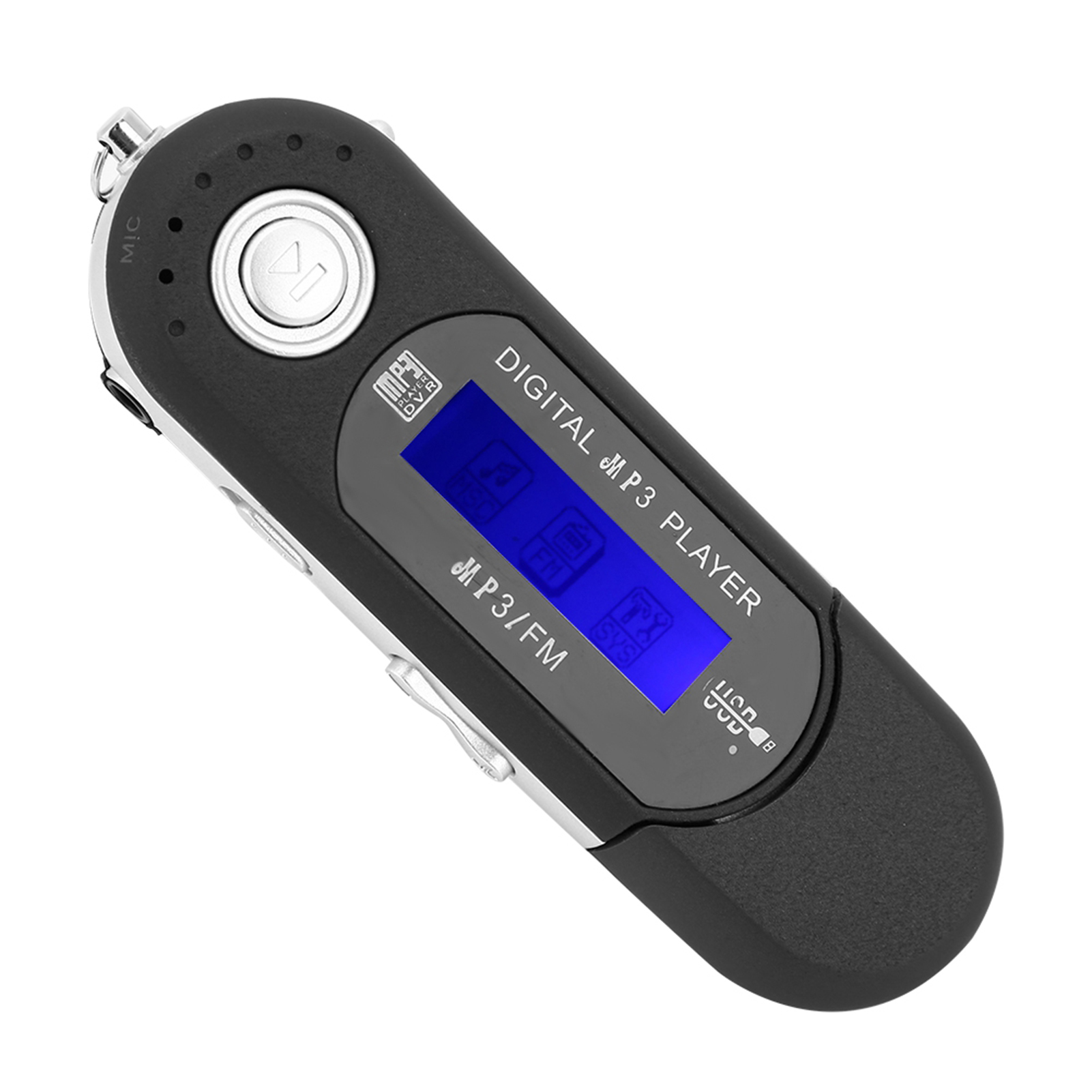 Schwarzer digitaler MP3-Player mit blauem Bildschirm.