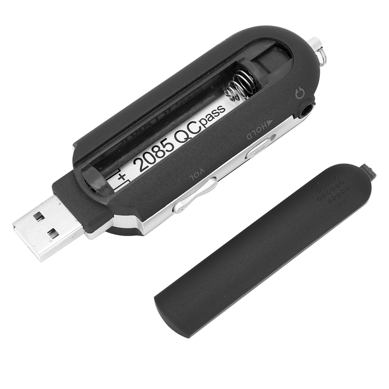 Schwarzer und silberner MP3-Player mit offenem Batteriefach und USB-Anschluss.