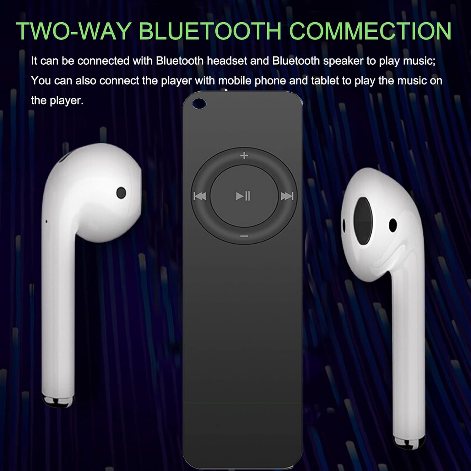 Weiße Ohrhörer und eine schwarze Fernbedienung. Text: Zwei-Wege-Bluetooth-Verbindung, Musik abspielen.