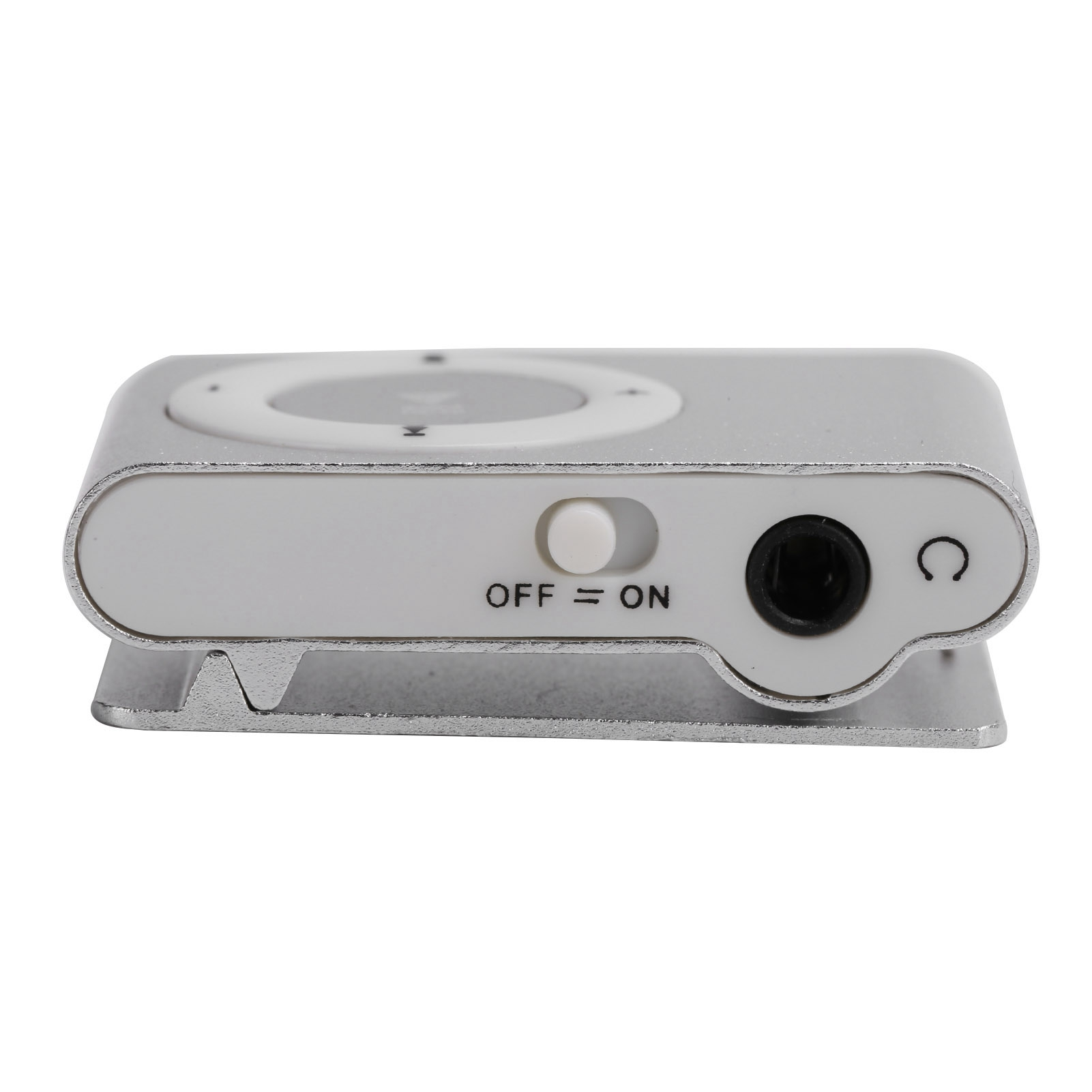 Ein kleiner silberner MP3-Player mit Clip auf der Rückseite, Ein-/Aus-Taste und Kopfhöreranschluss.