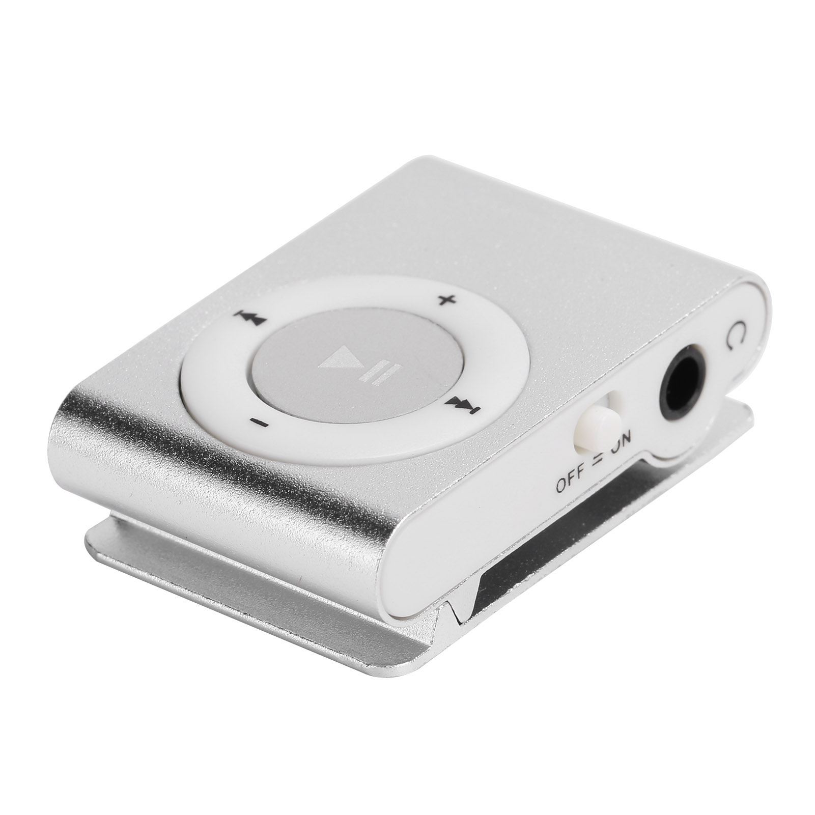 Silberner MP3-Player mit Clip. Hat eine Wiedergabe/Pause-Taste und Lautstärkeregler.