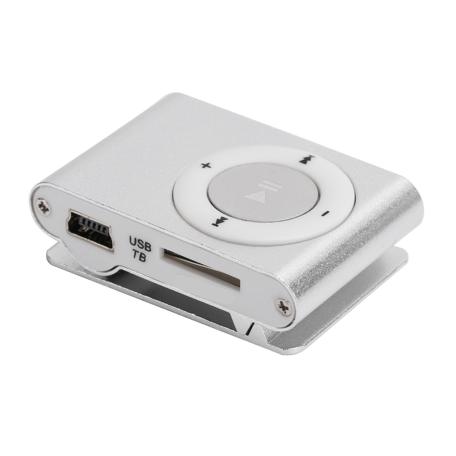 Silberner MP3-Player. Hat eine zentrale Steuertaste, USB- und SD-Kartensteckplätze. Oben: Wiedergabe/Pause & Lautstärke.