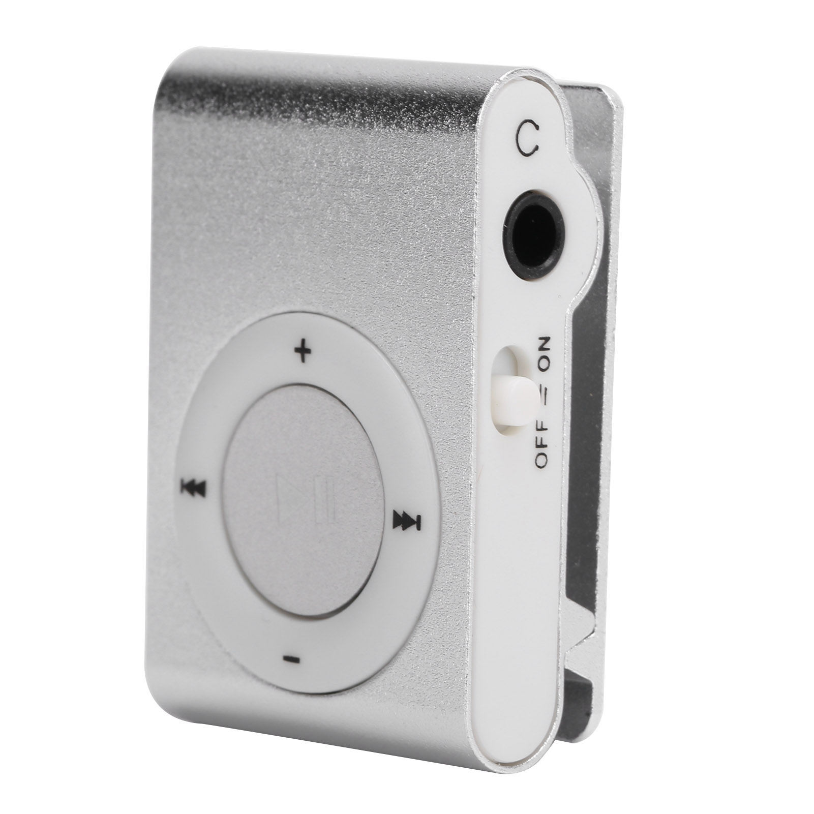 Silberner MP3-Player mit Bedientasten, Bildschirm und Kopfhöreranschluss.