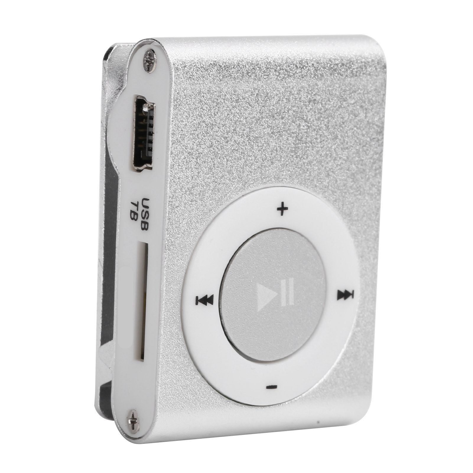 Silberner MP3-Player mit kreisförmigem Steuerfeld, USB- und SD-Kartensteckplatz.
