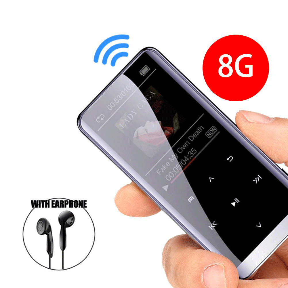 Ein tragbarer MP3-Player mit Bildschirm, der einen Song und Kopfhörer anzeigt.