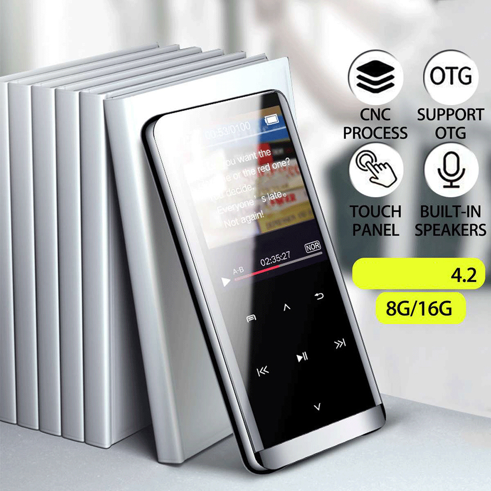 Ein schwarzer MP3-Player mit Bildschirm und Knöpfen. Er steht neben einem Stapel weißer Bücher.