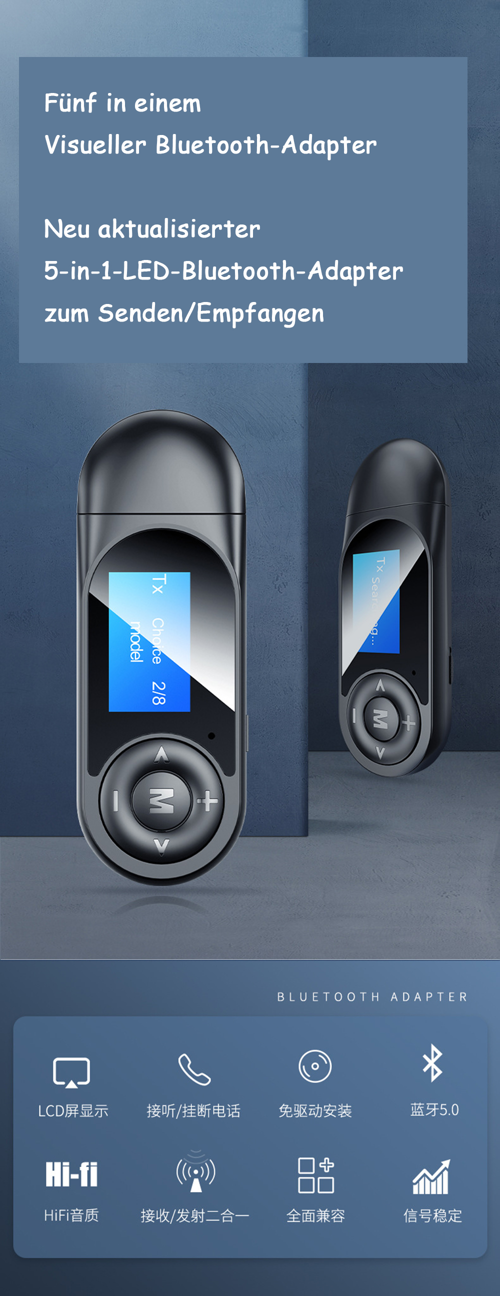 Bluetooth-Adapter mit Bildschirm, Tasten und Symbolen. Zwei Geräte sind abgebildet. Dunkelgraue Farbe.