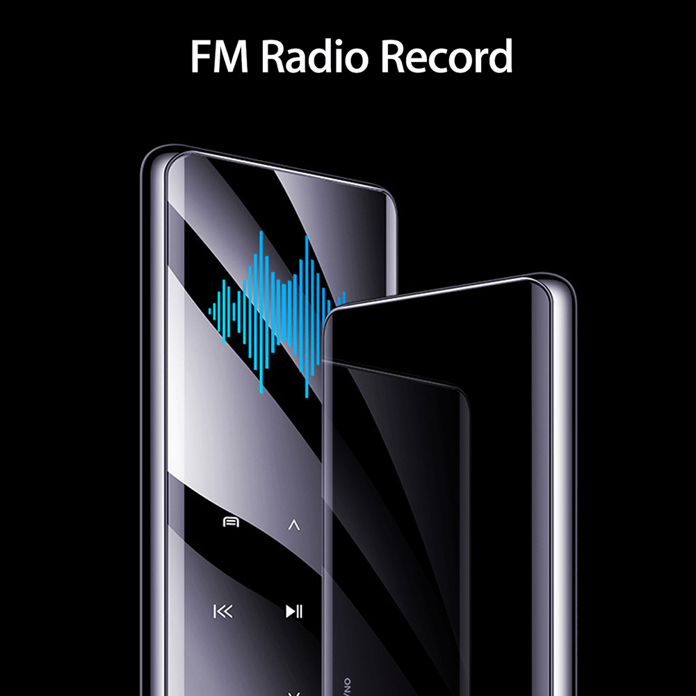 Zwei schlanke schwarze Geräte mit Display, das blaue Schallwellen zeigt, beschriftet 'FM Radio Record'.