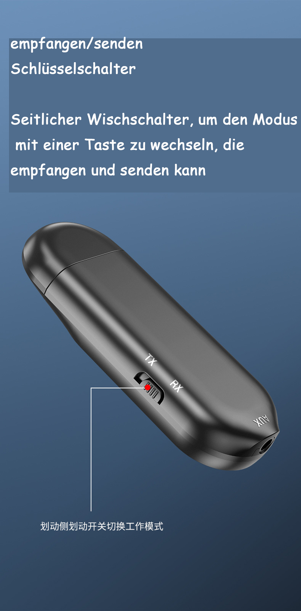 Ein schwarzer Bluetooth-Audioempfänger mit Knöpfen und einer Textbeschreibung in einer anderen Sprache.