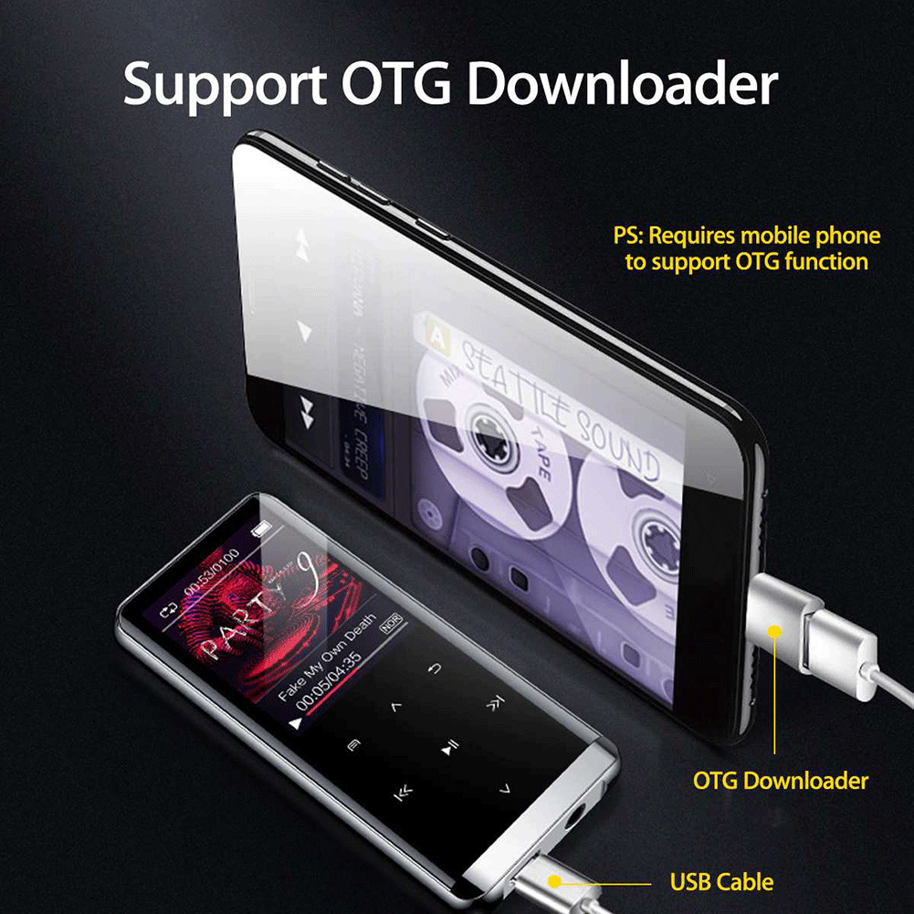 Ein Telefon, das über ein USB-Kabel mit einem kleineren Gerät verbunden ist, mit Text Support OTG Downloader.