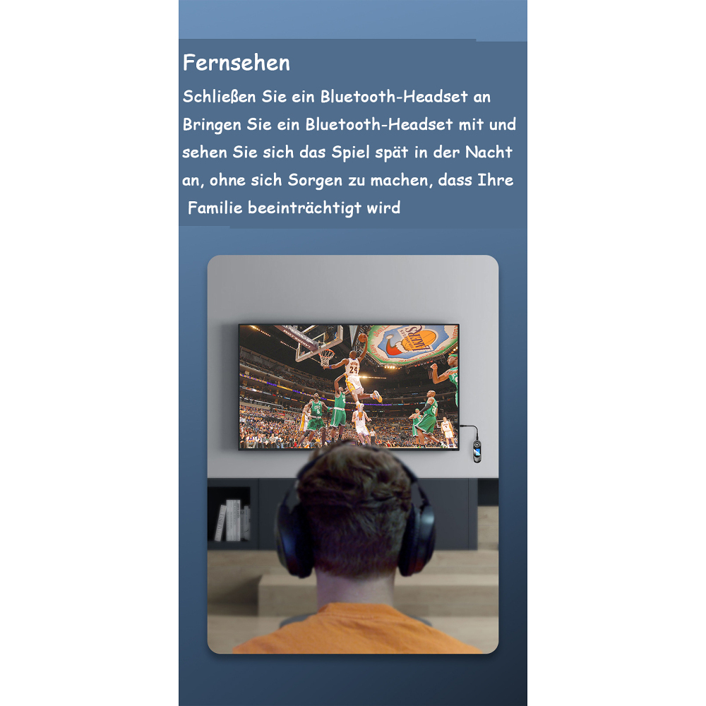 Bild mit Text über Fernsehen mit Bluetooth-Headset, eine Person trägt ein Headset.