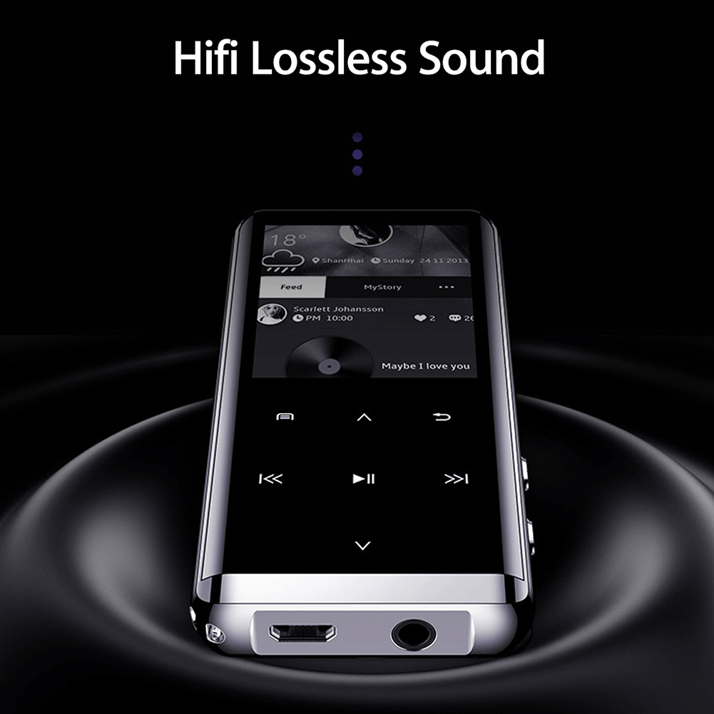 Ein schwarzer digitaler Musikplayer, der ein Menü mit einer Wiedergabetaste auf dunklem Hintergrund anzeigt.