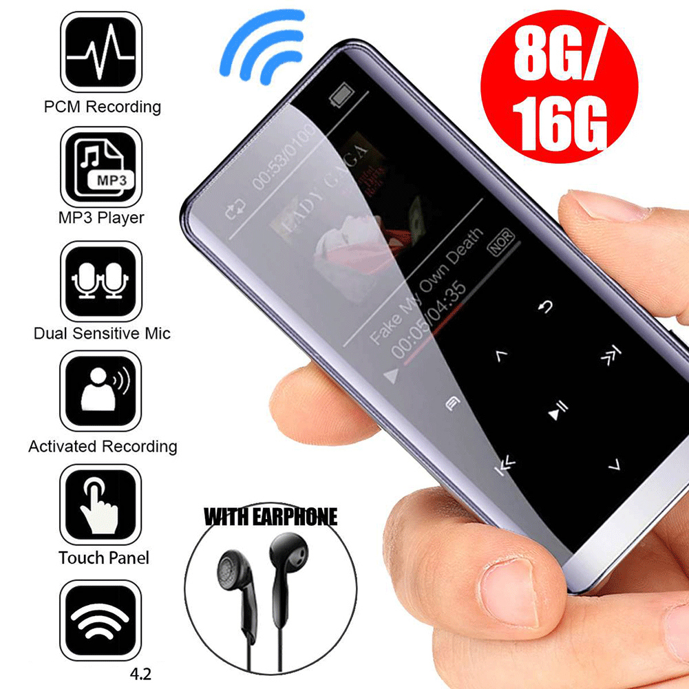 Ein schwarzer MP3-Player mit einem Bildschirm, der Musik anzeigt. Enthält Kopfhörer und Funktionssymbole auf der linken Seite.
