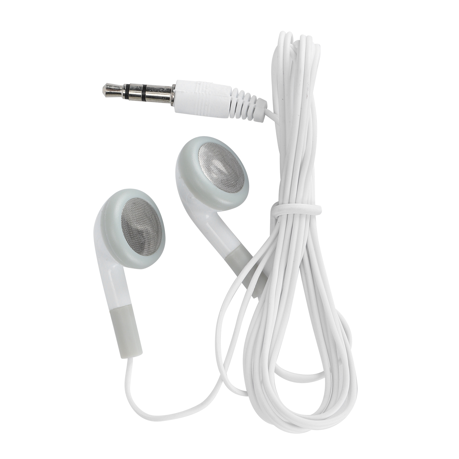 Weiße Ohrhörer mit grau gefärbtem Ende und weißem Kabel. Die Ohrhörer sind auf weißem Hintergrund.