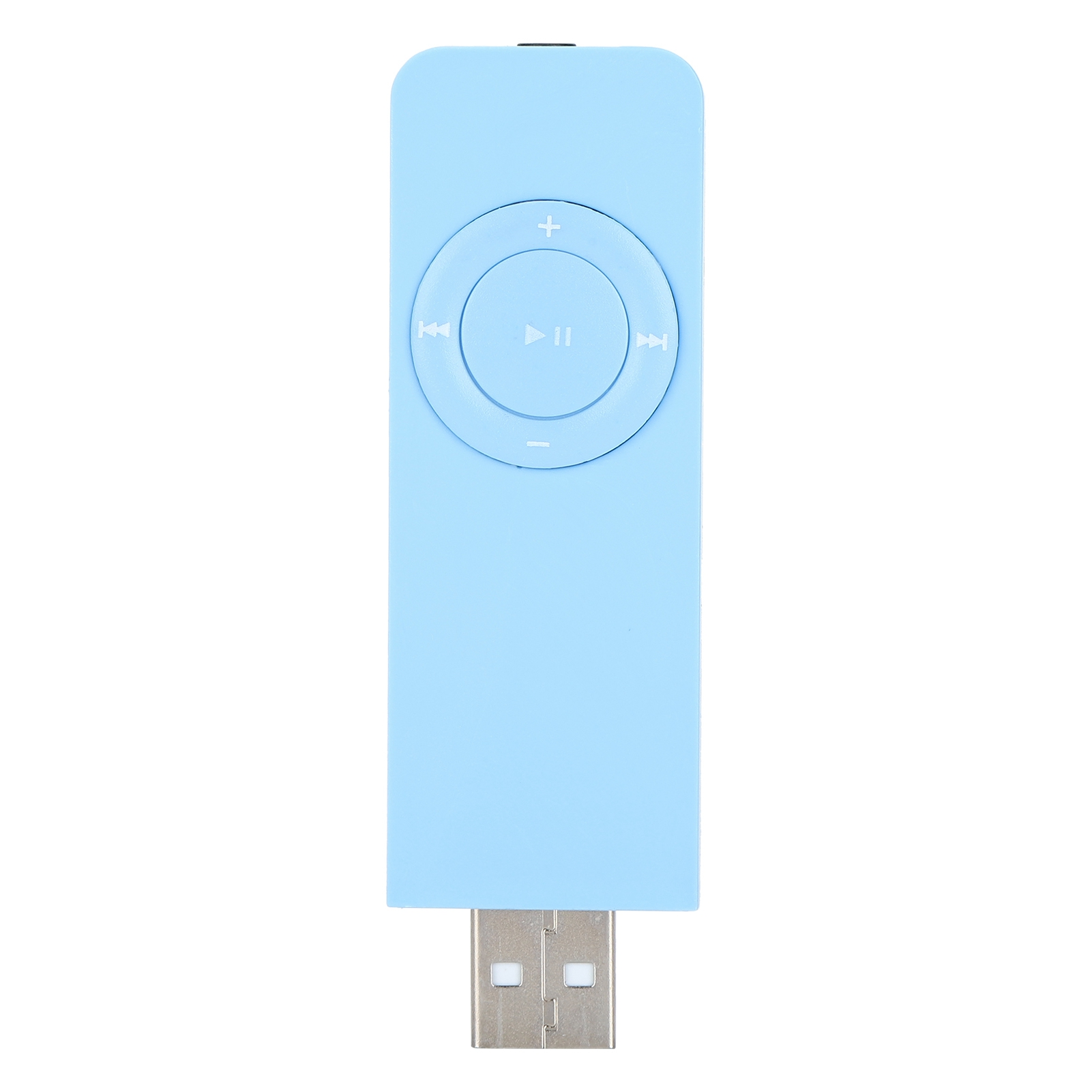 Blauer MP3-Player mit Bedienelementen: Plus, Wiedergabe/Pause, Vorwärts/Rückwärts und USB-Anschluss.