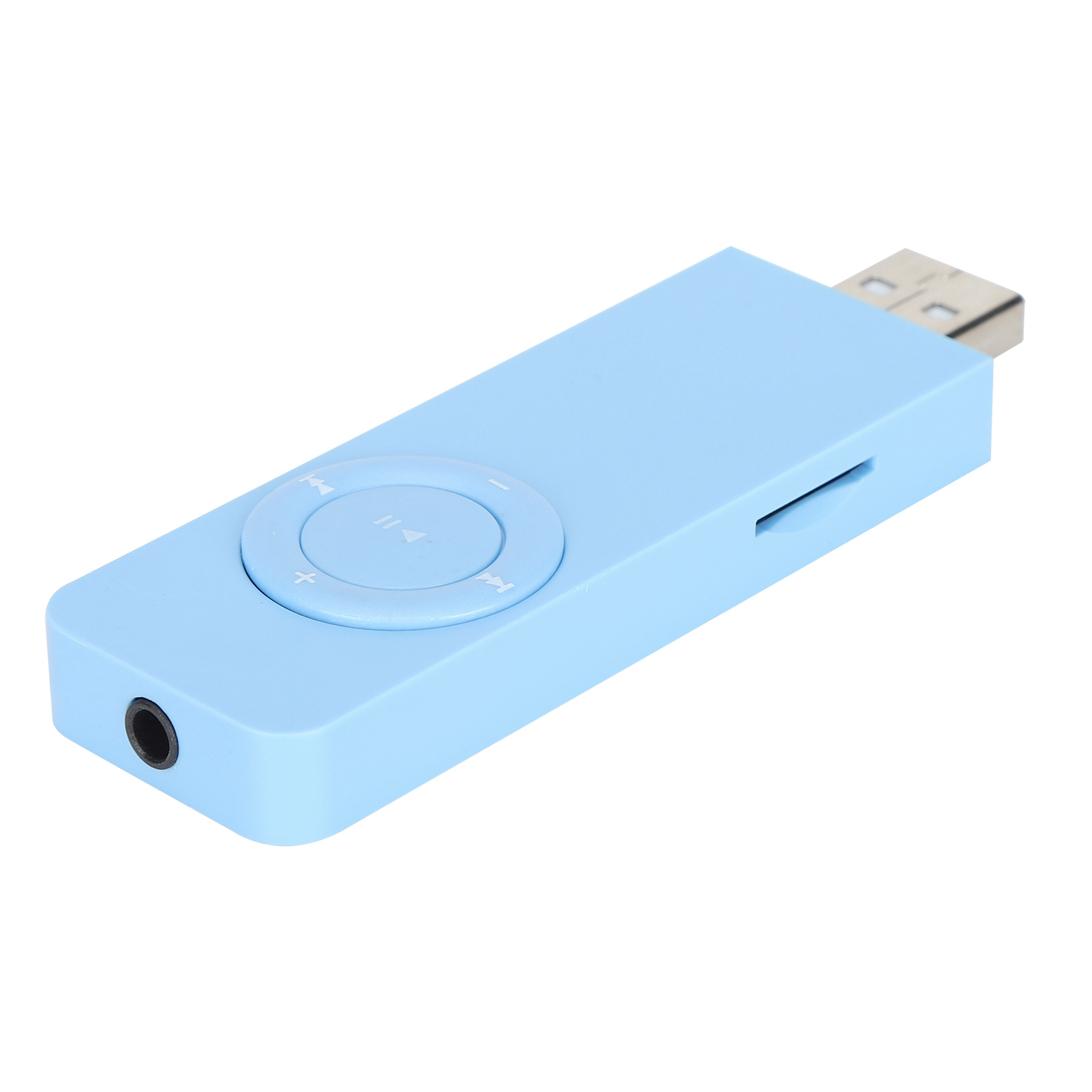 Hellblauer MP3-Player. Er hat eine runde Taste mit Pfeilen und einen USB-Anschluss.