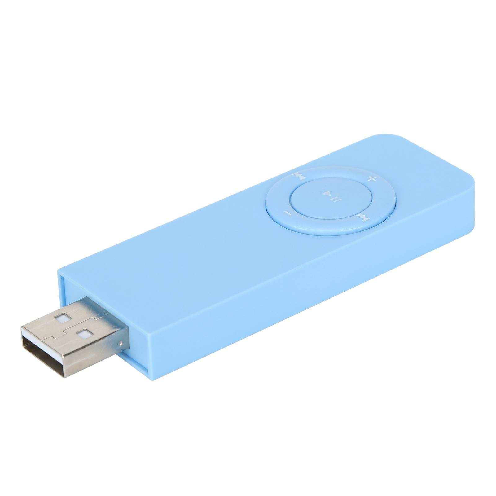 Blauer MP3-Player mit Knöpfen. USB-Anschluss. Weißer Hintergrund.
