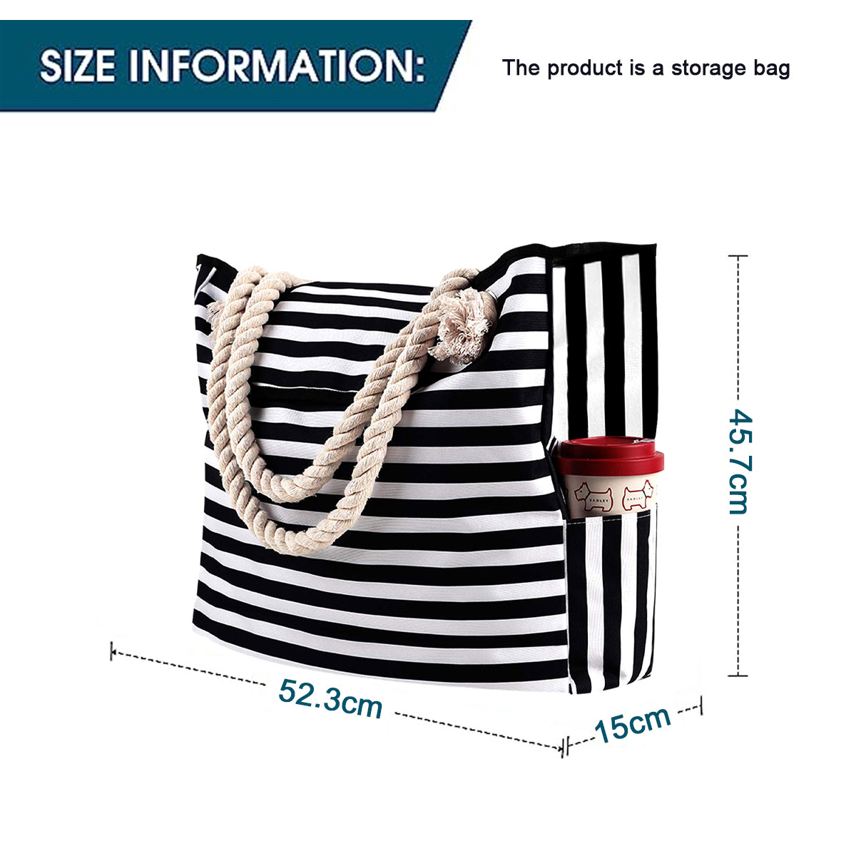 Schwarz-weiß gestreifte Tragetasche mit Seilgriff, mit einem Becherhalter.