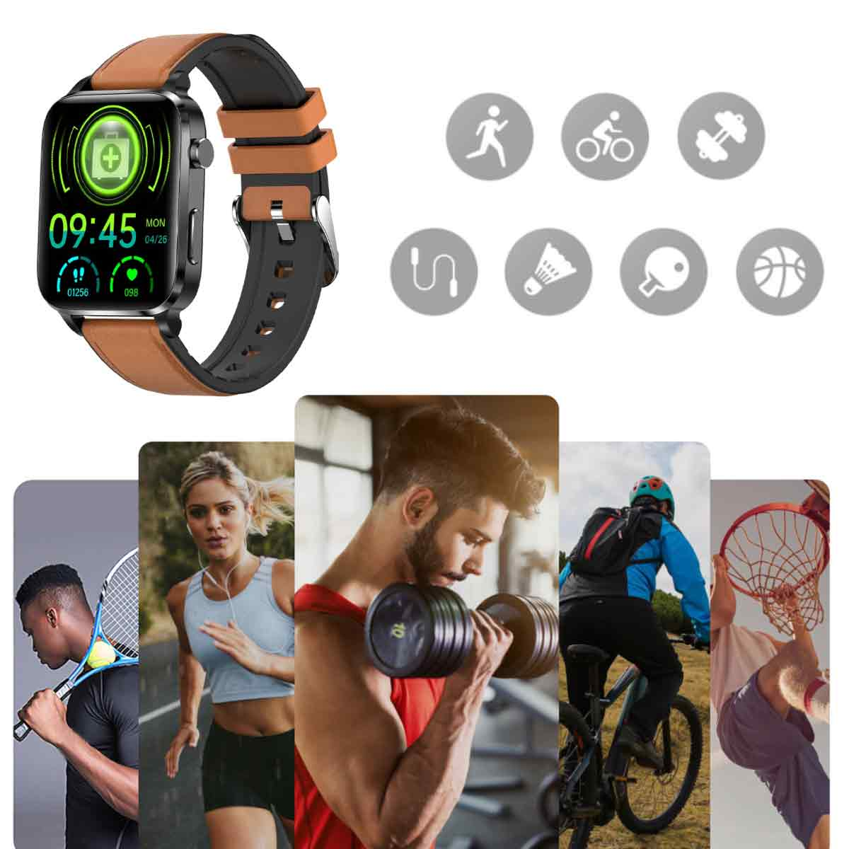 Smartwatch mit Fitness-Symbolen und trainierenden Personen.